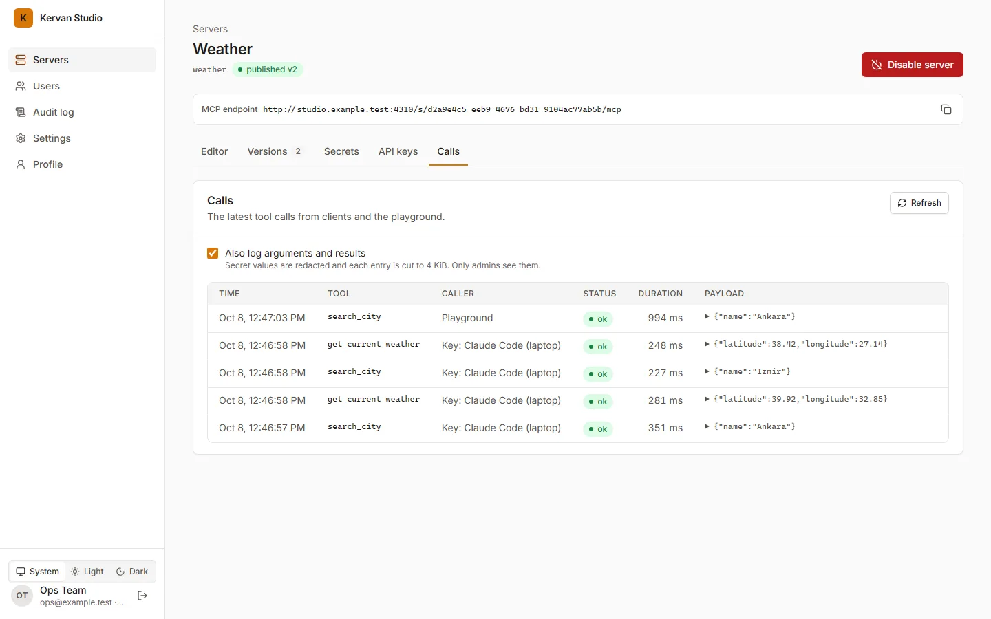 The calls tab: recent tool calls with the caller, status, duration and the logged arguments.