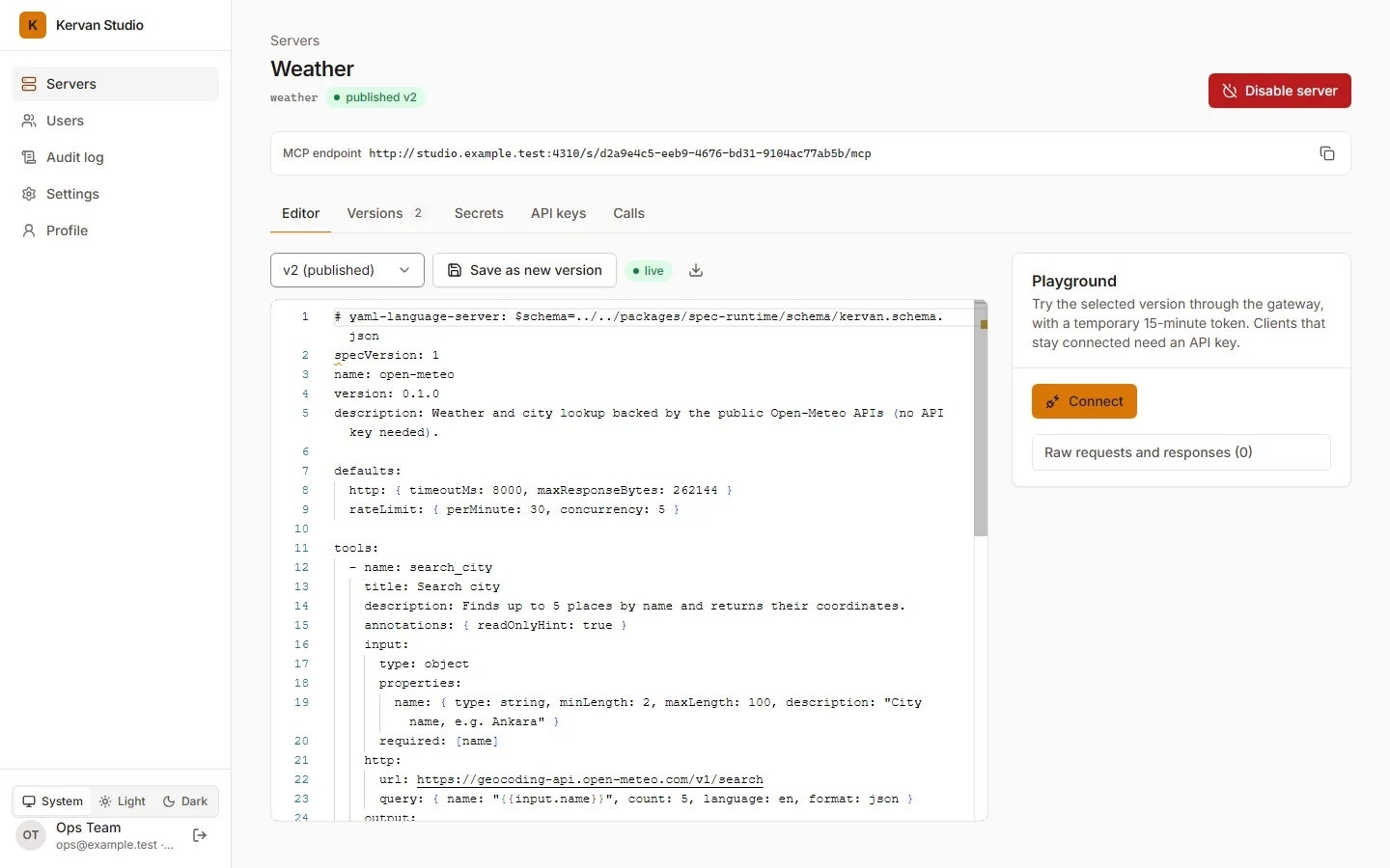 Kervan Studio's editor with the weather spec open: the kervan.yaml on the left and the playground on the right, the server published as version 2.