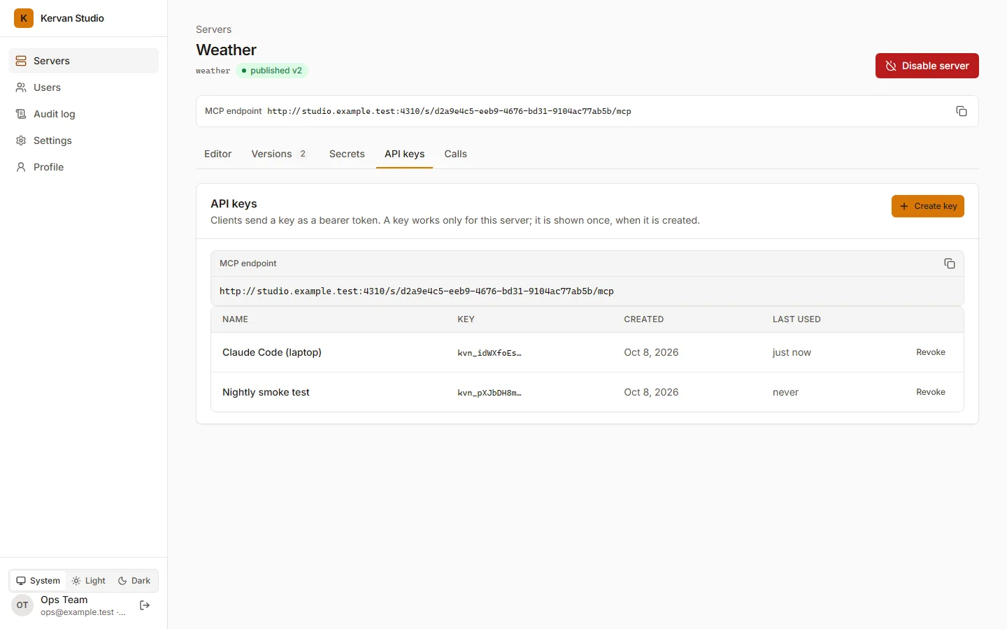 The API keys tab: three keys with their names, prefixes, creation and last-use times, and a Revoke button each.