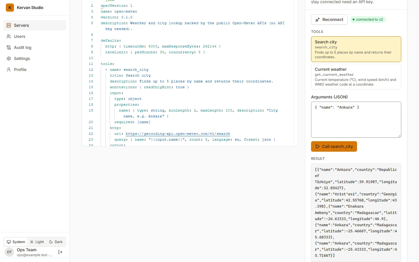 The playground calling the search_city tool of the weather server: the tool list, the arguments and the result from Open-Meteo.