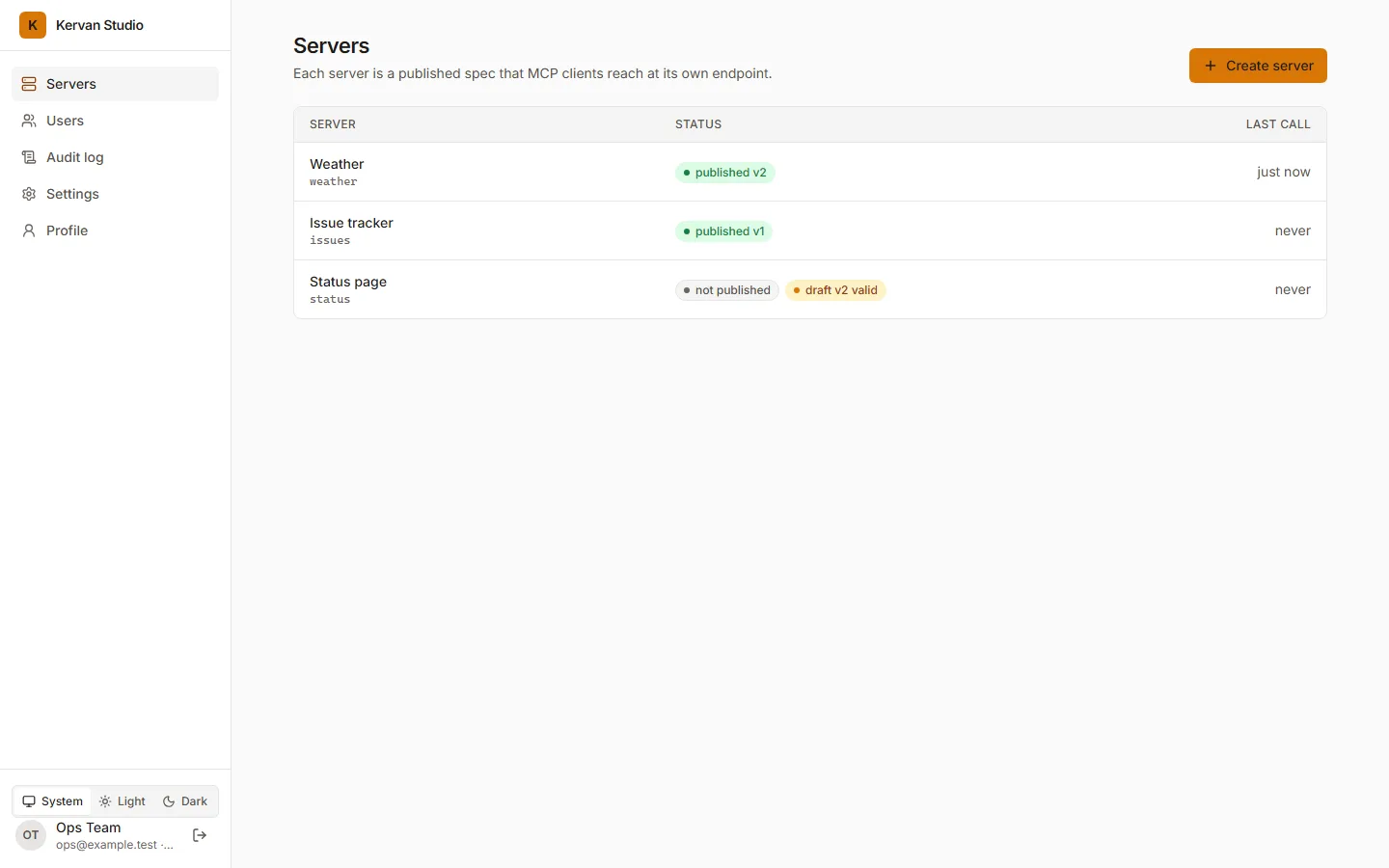 Studio's server list: three servers with their publication status, the newest draft's check and the time of the last call.