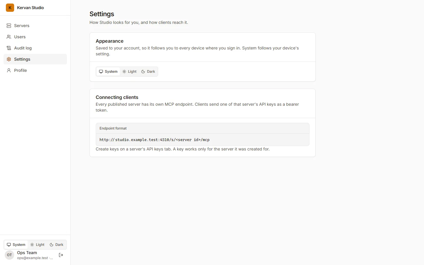 The settings page: the appearance choice (System, Light, Dark) and how to connect clients.