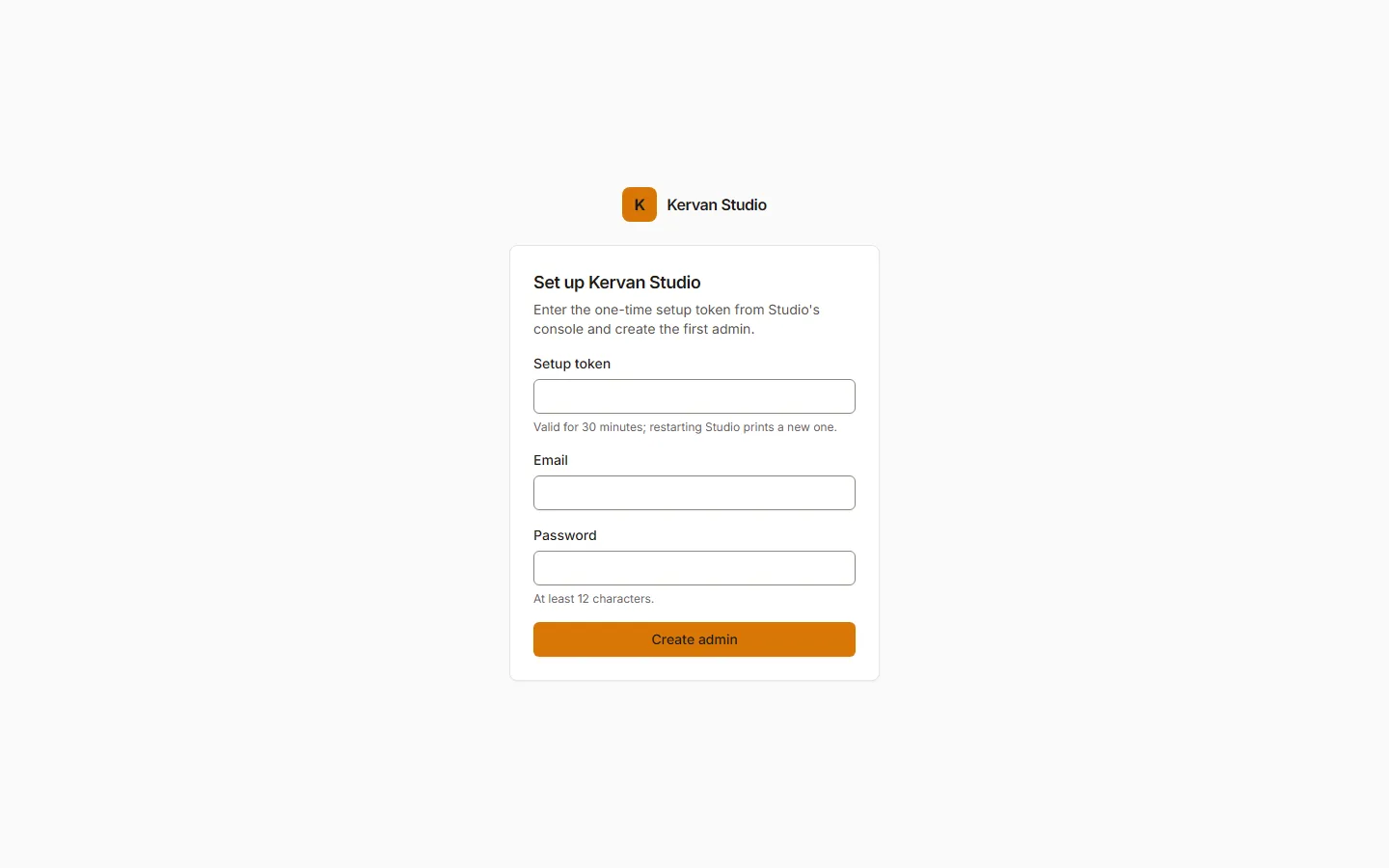 The setup page: fields for the one-time setup token, the admin's email and password.